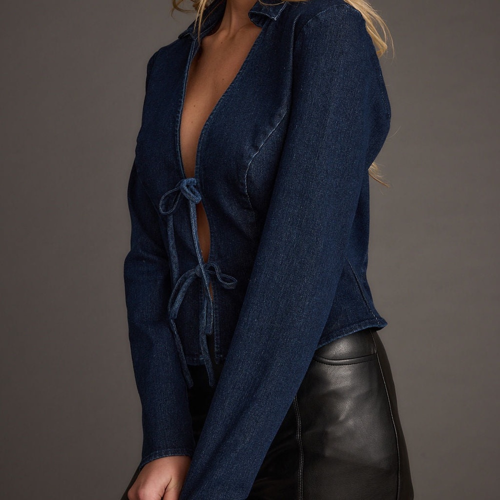12th Tribe Taylor Open Tie Front Denim Top Size LL